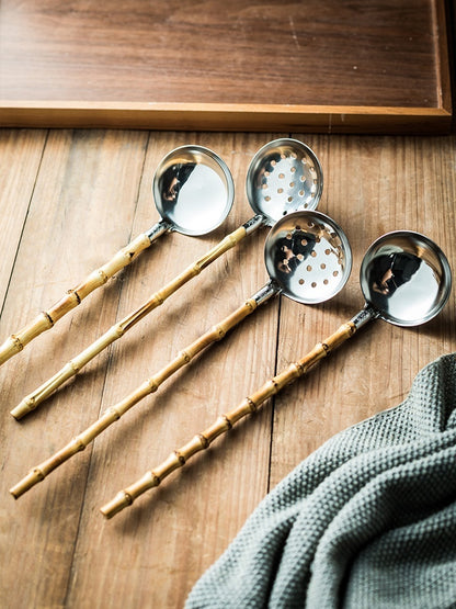 Natural Bamboo Handle Soup Spoon And Strainer Household