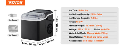 VEVOR Countertop Ice Maker, Self-Cleaning Portable Ice Maker with Ice Scoop and Basket, Ice Machine with 2 Sizes Bullet Ice