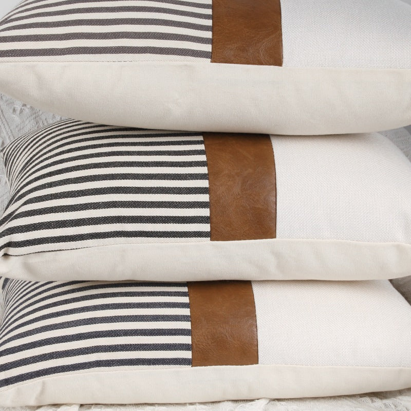 PU Leather Stitching Canvas Stripe Pillowcase Sofa Car Cushion