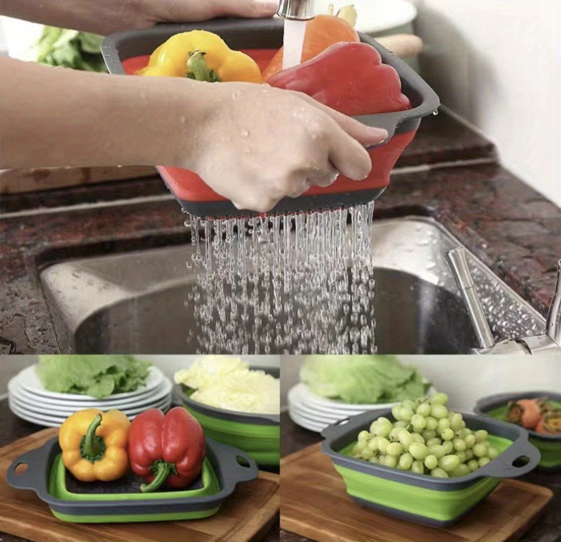 2pcs, Silicone Colander, Foldable Silicone Colander, Vegetable Washing Basket Strainer, Household Fruit Washing Basket Strainer, Kitchen Sink Folding Square Drain Basket, Fruit And Vegetable Basket, Kitchen Accessaries, Back