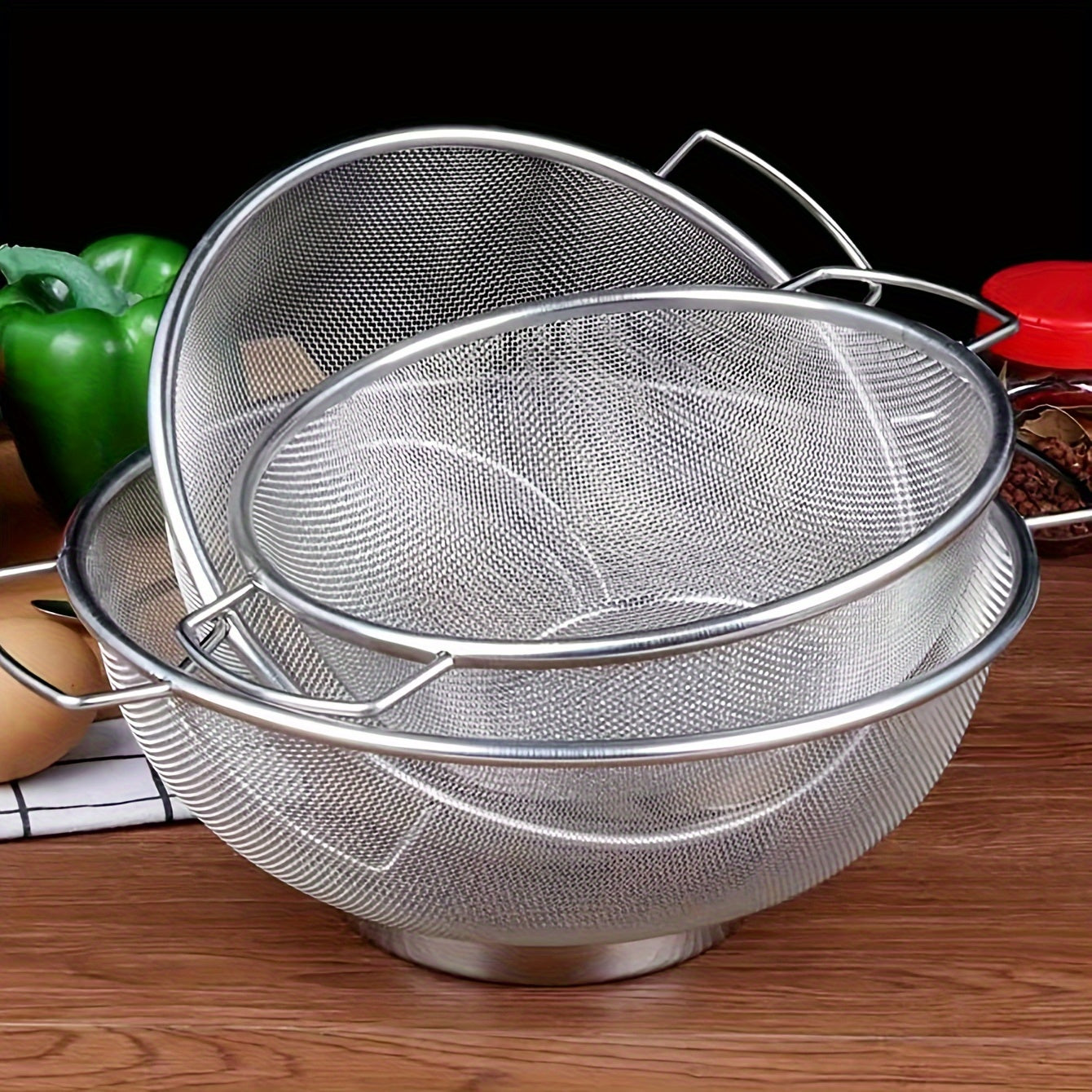 3pcs, Stainless Steel Drain Basket, Metal Colanders With Handle, Fine Mesh Colander, Colander Strainer For Kitchen Pasta, Vegetable, Rice, Fruit, Food, Kitchen Rice Washing Basin, Kitchen Accessaries Kitchen Accessories