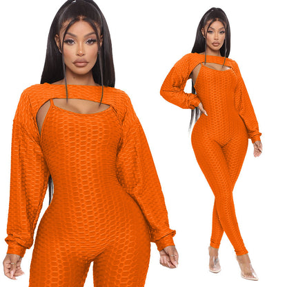 Jacquard Short Lantern Sleeve Top And Bottoming Suspenders Sports Suit