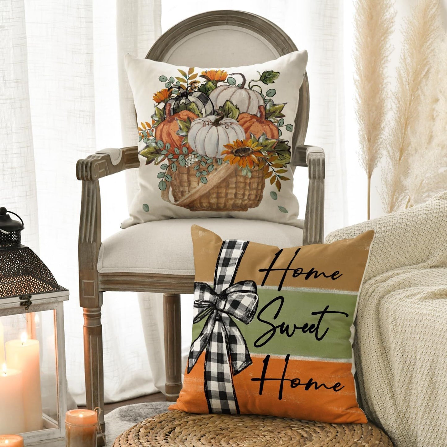 Fall Pumpkin Truck Sunflowers Home Sweet Home Throw Pillow Covers, 18 X 18 Inch Autumn Thankful Grateful Blessed Harvest Floral Decorations For Sofa Couch