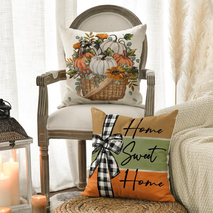 Fall Pumpkin Truck Sunflowers Home Sweet Home Throw Pillow Covers, 18 X 18 Inch Autumn Thankful Grateful Blessed Harvest Floral Decorations For Sofa Couch