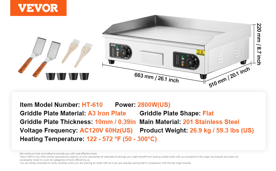 VEVOR 26/30 inch Commercial Electric Countertop Griddle Flat Top Griddle 2800W 122℉-572 ℉ Adjustable Temp for Home Restaurant