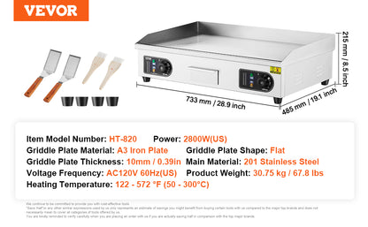 VEVOR 26/30 inch Commercial Electric Countertop Griddle Flat Top Griddle 2800W 122℉-572 ℉ Adjustable Temp for Home Restaurant