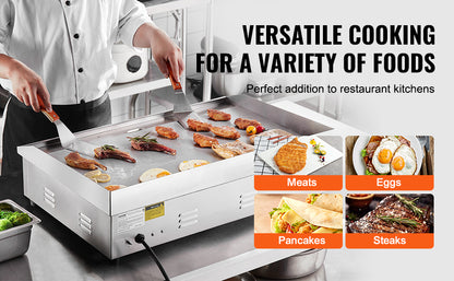 VEVOR 26/30 inch Commercial Electric Countertop Griddle Flat Top Griddle 2800W 122℉-572 ℉ Adjustable Temp for Home Restaurant