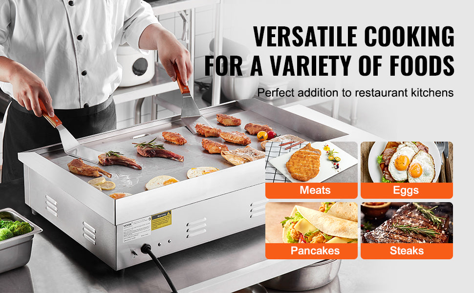 VEVOR 26/30 inch Commercial Electric Countertop Griddle Flat Top Griddle 2800W 122℉-572 ℉ Adjustable Temp for Home Restaurant