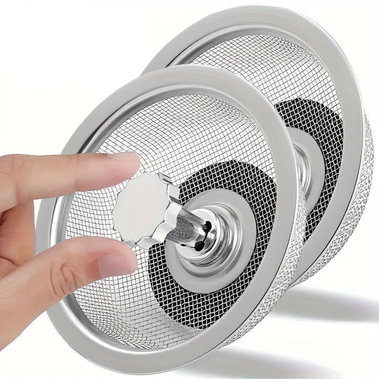 2pcs Kitchen Sink Strainer With Handle & Stopper Replacement Sink Drain Basket Stainless Steel Mesh Filter Strainers Waste Hole Trap For Hotels&restaurant Kitchen