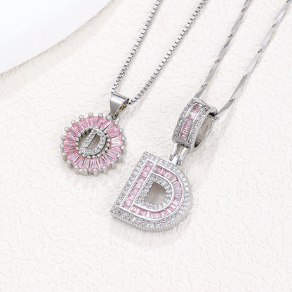 Rock Sugar 26-letter Pendant Necklace For Women, Copper Inlaid Zircon Round Flower Jewelry Set