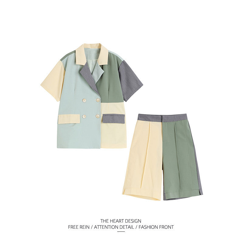 Double Closet Suit Korean Fashion Blazer Coat Wide Leg Shorts British Two Piece Suit