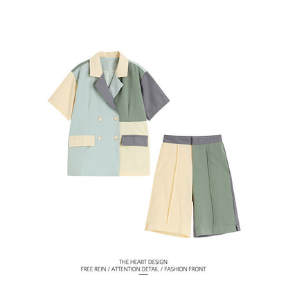 Double Closet Suit Korean Fashion Blazer Coat Wide Leg Shorts British Two Piece Suit