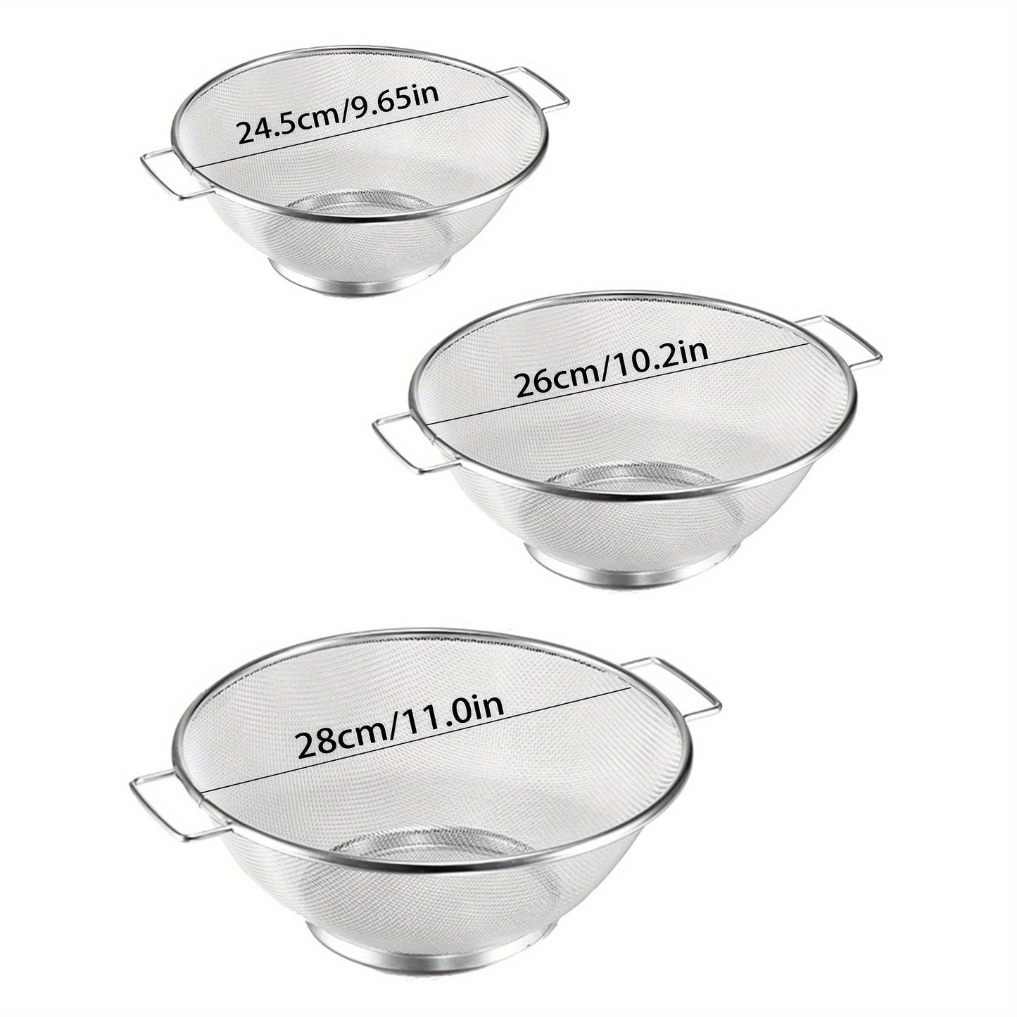 3pcs, Stainless Steel Drain Basket, Metal Colanders With Handle, Fine Mesh Colander, Colander Strainer For Kitchen Pasta, Vegetable, Rice, Fruit, Food, Kitchen Rice Washing Basin, Kitchen Accessaries Kitchen Accessories