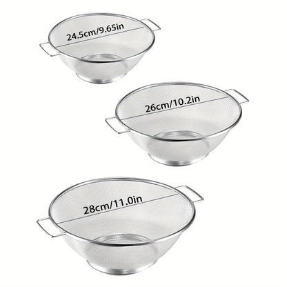 3pcs, Stainless Steel Drain Basket, Metal Colanders With Handle, Fine Mesh Colander, Colander Strainer For Kitchen Pasta, Vegetable, Rice, Fruit, Food, Kitchen Rice Washing Basin, Kitchen Accessaries Kitchen Accessories