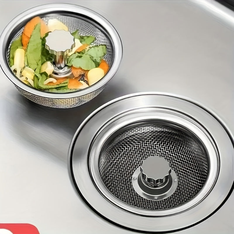 2pcs Kitchen Sink Strainer With Handle & Stopper Replacement Sink Drain Basket Stainless Steel Mesh Filter Strainers Waste Hole Trap For Hotels&restaurant Kitchen