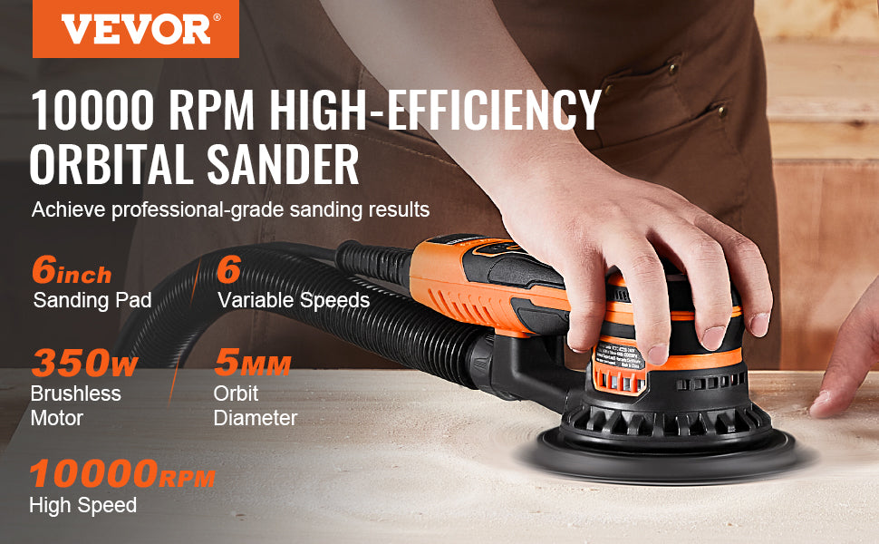 VEVOR Random Orbital Sander 350W Brushless 10000 PRM 6 Variable Speed Electric Orbital Sander for Woodworking Detailing Sanding