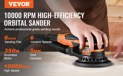 VEVOR Random Orbital Sander 350W Brushless 10000 PRM 6 Variable Speed Electric Orbital Sander for Woodworking Detailing Sanding