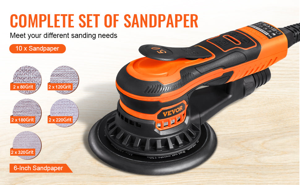 VEVOR Random Orbital Sander 350W Brushless 10000 PRM 6 Variable Speed Electric Orbital Sander for Woodworking Detailing Sanding