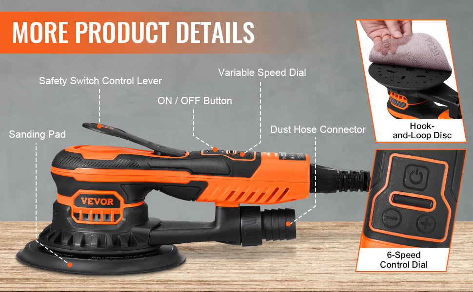 VEVOR Random Orbital Sander 350W Brushless 10000 PRM 6 Variable Speed Electric Orbital Sander for Woodworking Detailing Sanding