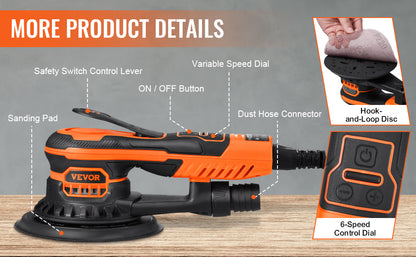 VEVOR Random Orbital Sander 350W Brushless 10000 PRM 6 Variable Speed Electric Orbital Sander for Woodworking Detailing Sanding