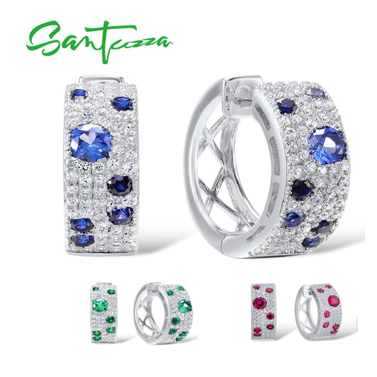 SANTUZZA 100% 925 Sterling Silver Earrings For Women Green Spinel Created Ruby Blue Cubic Zirconia brincos Trendy Fine Jewelry
