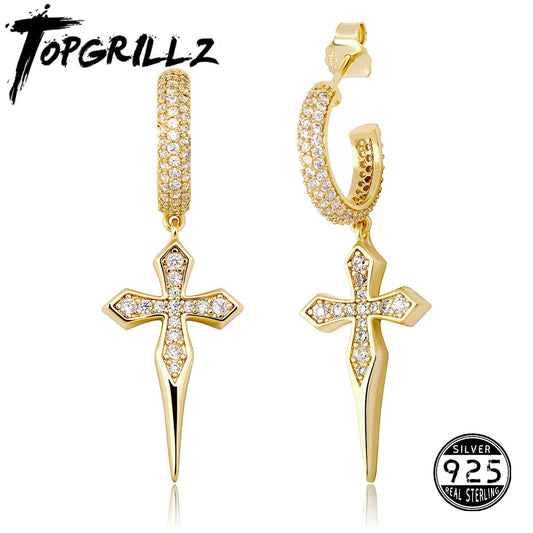 TOPGRILLZ 925 Sterling Silver Cross Earrings High Quality Iced Out Cubic Zirconia Hip Hop Cross Hoop Earrings For Women Gift